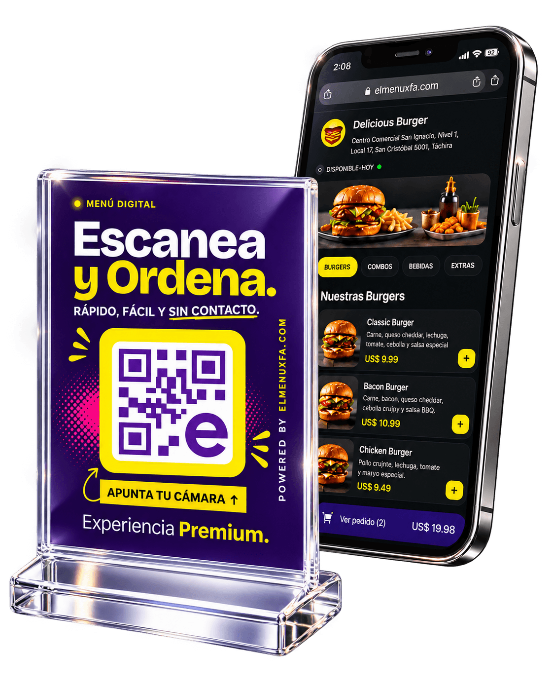 Portamenú inteligente de elmenuxfa junto a un smartphone en un restaurante