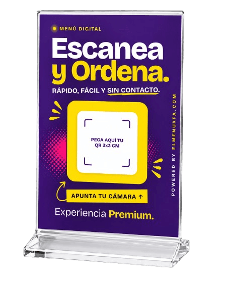 Portamenú premium de elmenuxfa con QR para autoservicio en mesa