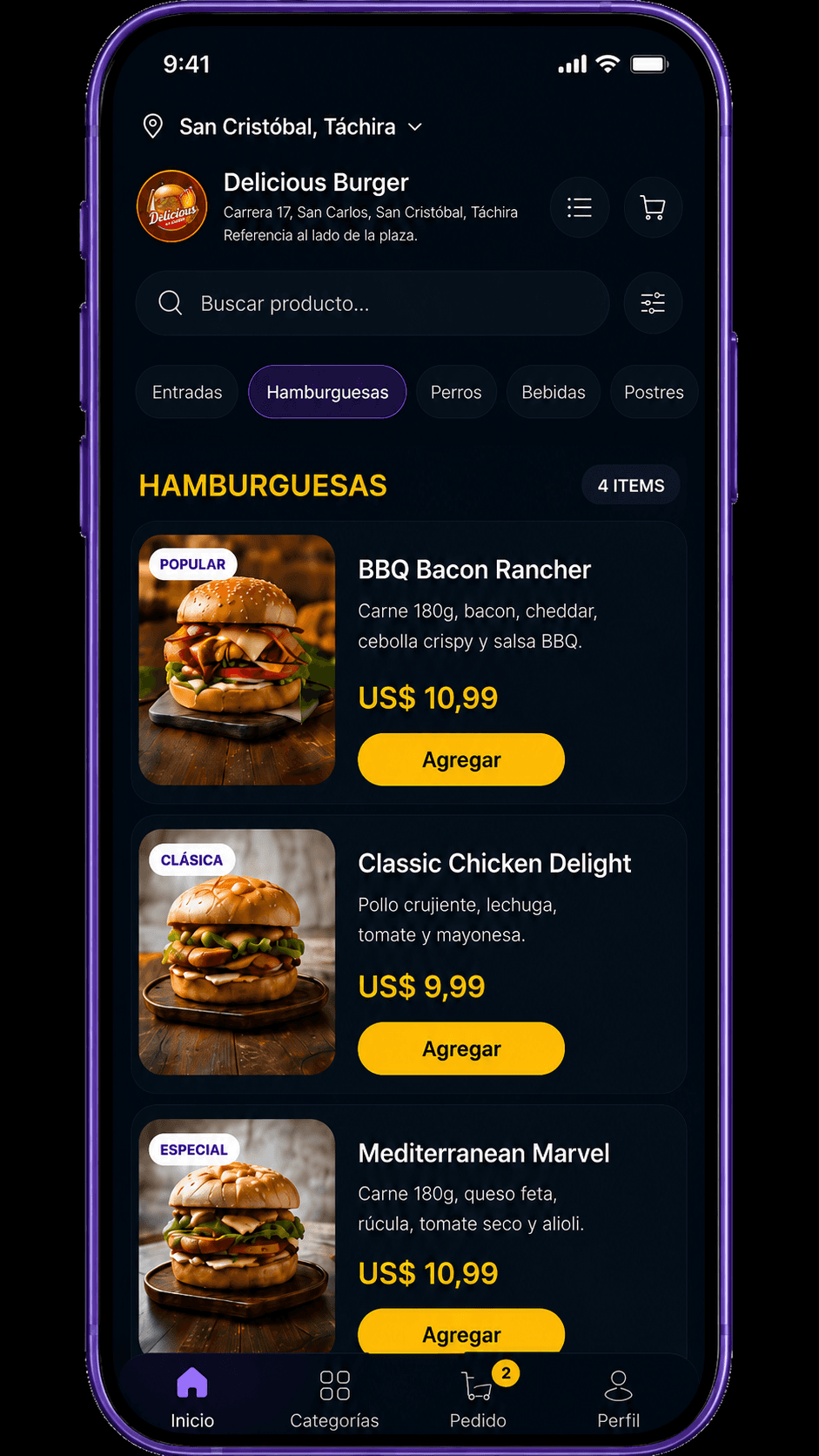 Vista del menú con la categoría de hamburguesas activa y productos destacados.