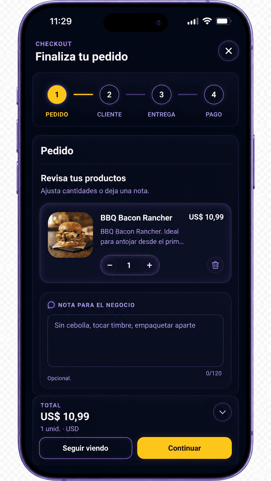 Pantalla de checkout en el paso de pedido con resumen y nota para el negocio.