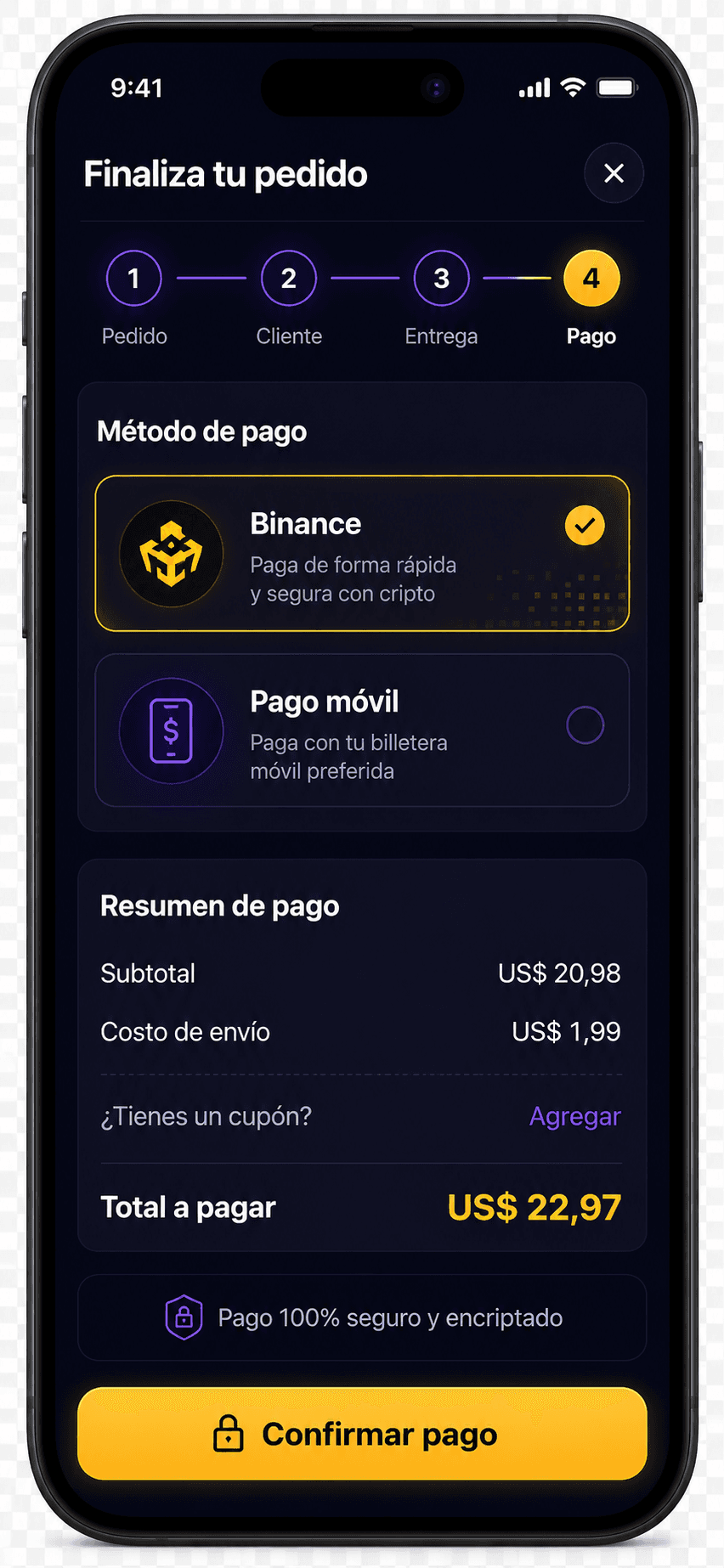 Pantalla de checkout en el paso de pago con total final y botón de confirmar.