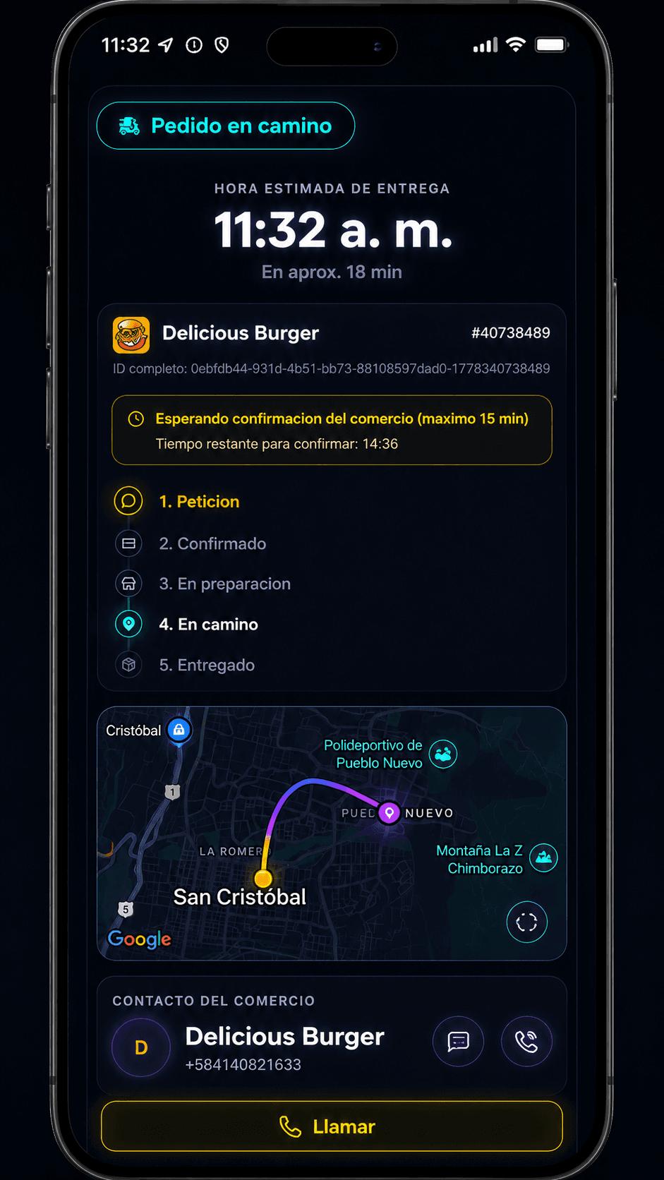 Pantalla de seguimiento del pedido recibido con estado, mapa y contacto del comercio.