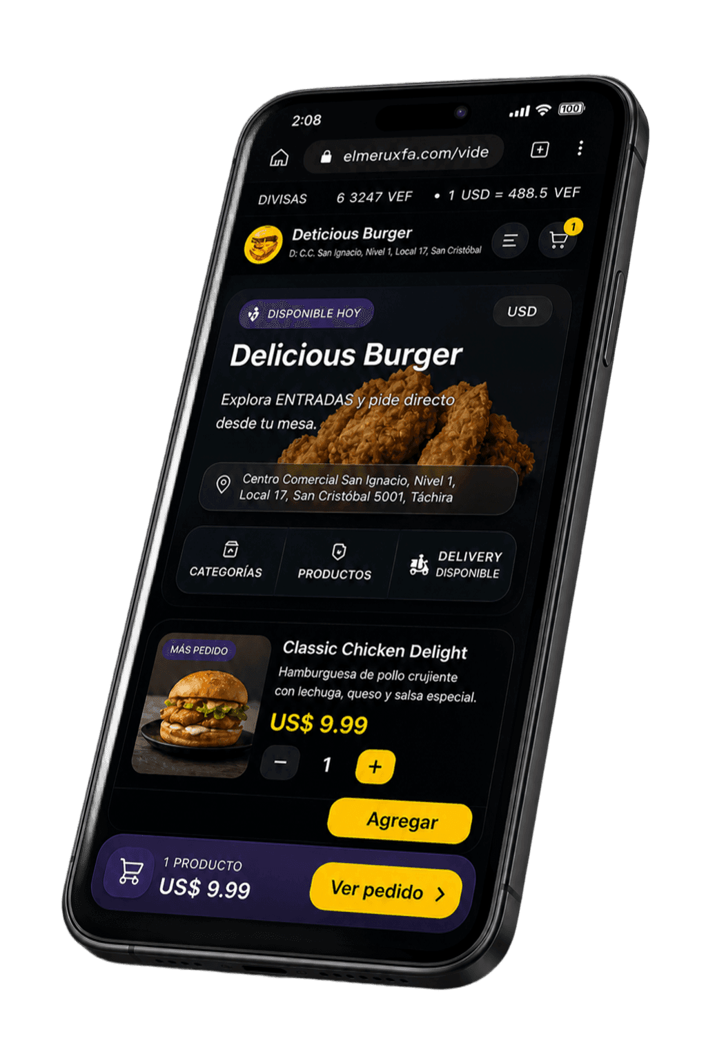 Vista de la app de elmenuxfa en un iPhone mostrando el menú y el flujo de pedido