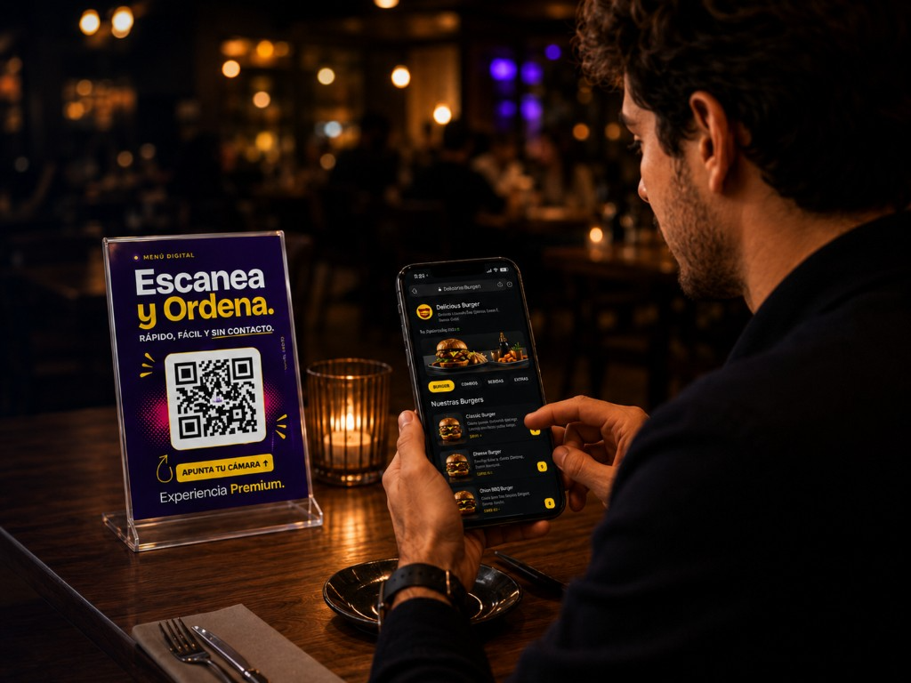 Cliente en un restaurante escaneando el portamenú inteligente de elmenuxfa