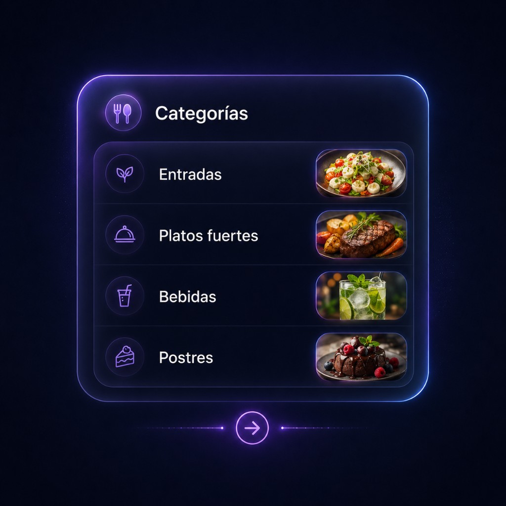 Menú inteligente con categorías y productos para restaurante